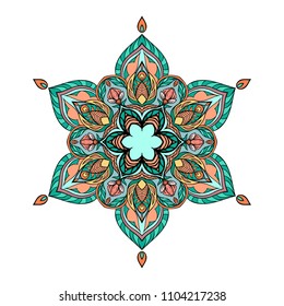 Colored ethnic pattern, mandala, in blue and orange colors and white background