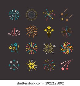 Colored explosions fireworks set. Bright blue flares on dark sky with yellow stars joyful green party festive lights from sparkly rips and geometric red tracery. Cheerful vector carnival.