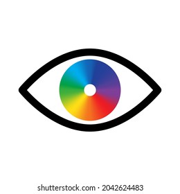 Colored eye icon. Rainbow graphic. Abstract decorative design. Pattern art concept. Vector illustration. Stock image.