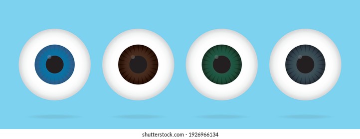 Farbige Augentropfen auf blauem Hintergrund. Realistisches 3D-menschliches Augapfel. Augenbälle, Vektorgrafik