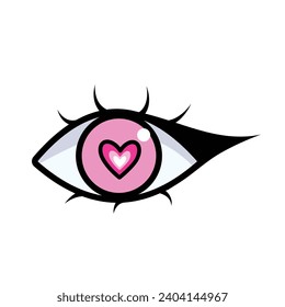 Colored eye with pink heart pupil and winged eyeliner vector illustration icon outlined isolated on white square background. Simple flat minimalist art styled cartoon drawing.