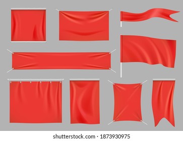 Colored fabric banners. Promotional flag decoration empty textile banners clothes texture vector set