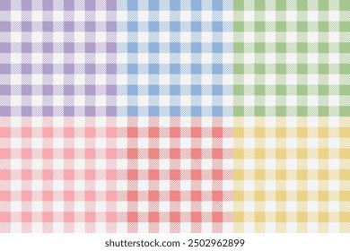 Colored fabric pattern. Purple, blue, green, pink, red, yellow plaid background. Gingham, tartan, textile, tablecloth, tile.