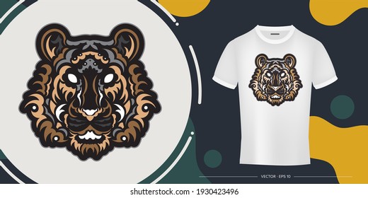 The colored face of a lion, composed of patterns. Tiger head print. For T-shirts, phone cases and cups. Isolated. Vector 

