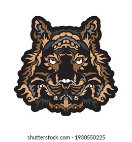 The colored face of a lion, composed of patterns. Tiger head print. For T-shirts, phone cases and cups. Vector 