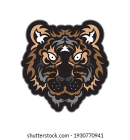 The colored face of a lion, composed of patterns. Tiger head print. For T-shirts, phone cases and cups. Isolated. Vector illustration.
