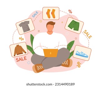 Hombre de caricatura pintoresco de color sin rostro haciendo compras en línea. Comprar por internet usando laptop. Ilustración de estilo plano vectorial sobre fondo blanco