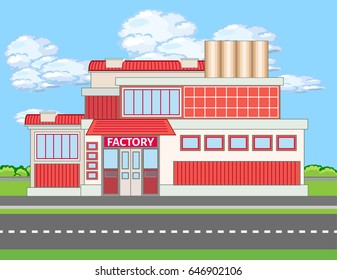 Colored factory building with copper pipes near the road. Vector illustration in flat style with outlined stroke