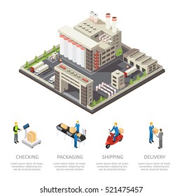Colored factory isometric composition with checking packaging shipping and delivery descriptions vector illustration