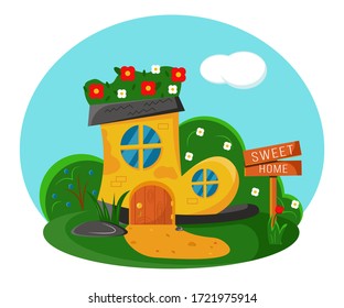 Colored fairytale country house in boot. Sweet home. Template for book, card, poster, banner, web. Vector illustration in cartoon style, flat style. EPS.