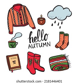 Colored fall doodle set. Autumn stickers. Hand-drawn elements for cold weather. Vector illustration