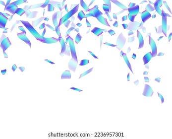 Colored falling confetti decoration vector illustration. Blue  hologram particles carnival vector. Surprise burst party confetti. Holiday celebration decoration background. Top view sequins.