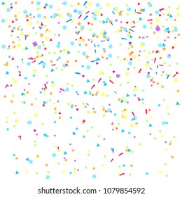 Colored falling geometric glitters on white. Geometrical background with confetti. Pattern for design. Print for polygraphy, posters, banners and textiles. Greeting cards