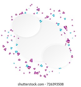 Colored falling paper confetti holiday background. White border mockup template for birthday, xmas, christmas, new year. Vector celebration party frame shiny falling festive carnival shimmer.