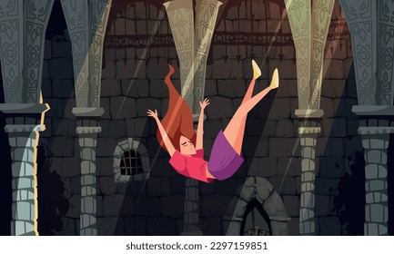 Niña de composición de personas en caída coloreada que vuela contra la pared de una antigua ilustración vectorial de castillo