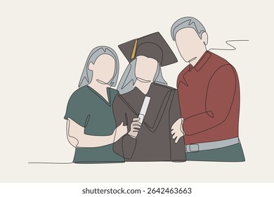 Colored family graduations concept one-line drawing