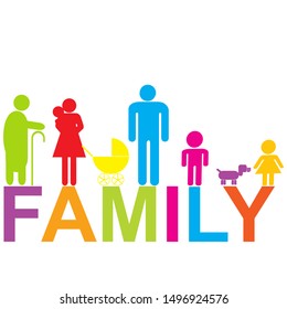 Colored family icon with children, parents and grandparents
