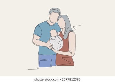Colored a family with a newborn baby concept one-line drawing