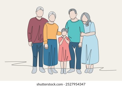 Família colorida posando para fotos. Desenho de uma linha do conceito de retrato de família