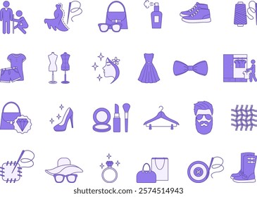 Colored Fashion Icon Set. Vector Icons Tailor, Hanger, Clothes, Shoes, Sewing, Luxury, Style, Fabric, Perfume, Dress, Makeup, Mannequin, Wardrobe, and More