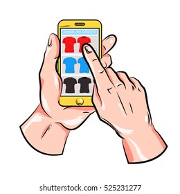 Colored fashion online order composition with mans hand tap on smartphone screen vector illustration