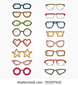 Colored Fashionable accessories. Hand Drawn Doodle Glasses Set. Different shapes sunglasses, eyeglasses - Colorful Vector illustration 