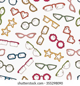 Colored Fashionable accessories. Hand Drawn Doodle Glasses Seamless pattern. Different shapes sunglasses, eyeglasses - Colorful Vector illustration 