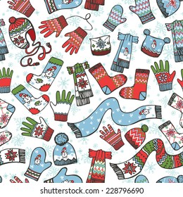 Colored Fashionable baby knitted accessories seamless pattern on Sketchy style.Autumn ,winter wear.Mittens,gloves,stockings,socks,hats, scarf .Backdrop,background,fabric,Wallpaper.Fashion Vector.