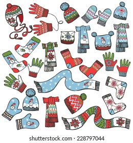 Colored Fashionable Baby knitted accessories set on Sketchy style.Autumn ,winter wear for baby.Mittens,gloves,stockings,socks,hats, scarf with folk ornament.Fashion illustrations.Vector.