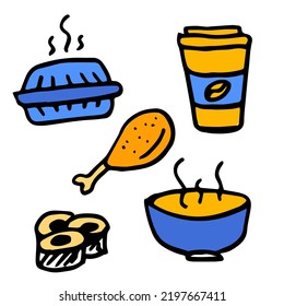 Colored Fast Food Doodle Icons, hot coffee set cartoon style, blue and yellow