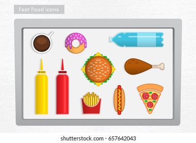 Colored fast food icons on the white tray