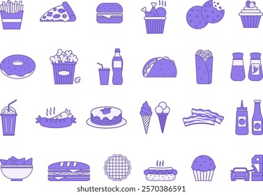 Colored Fast Food Icons Set. Vector Icons Burger, Pizza, Hot Dog, French Fries, Sandwich, Cupcake, Soda, Sausage, Fried Chicken, Pop Corn, Burrito, Nachos, Ice Cream, and More