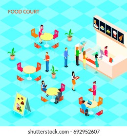 Colored Fast Food Isometric Icon Set With Food Court At The Mall With People Who Eat Vector Illustration