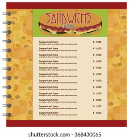 Colored fast food menu with text and a sandwich