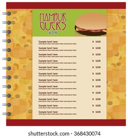 Colored fast food menu with text and a burger