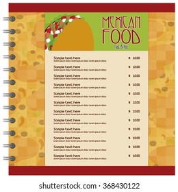 Colored fast food menu with text and a taco