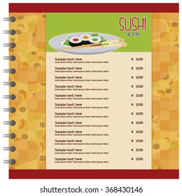 Colored fast food menu with text and a sushi