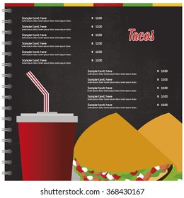 Colored fast food menu with text and tacos