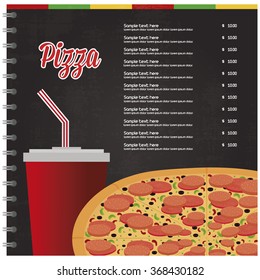 Colored fast food menu with text and a pizza