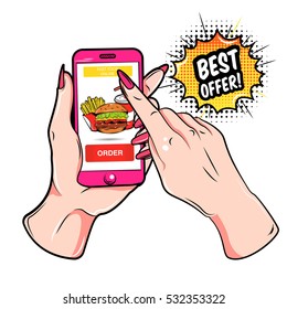 Colored fast food online composition with online order by phone in pop art style vector illustration