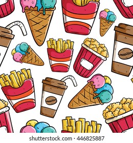 Colored fast food seamless pattern with coffee cup, french fries, ice cream and pop corn