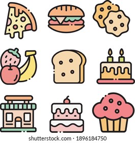 Icono de juego de comida rápida de color. Conjunto de vectores de los iconos de comida rápida de color