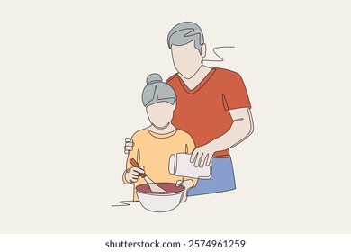 Colored father and daughter are cooking. Dad and daughter concept one-line drawing