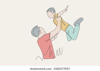 Colored father lifts his son. Father's day concept one-line drawing