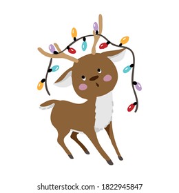 colored fawn with garland on the white background