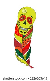 Colored feather with a skull  to celebrate day of the dead event. Flat design. Vector illustration.