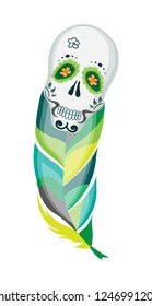 Colored feather with a skull to celebrate day of the dead event. Flat design. Vector illustration.