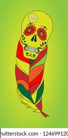Colored feather with a skull to celebrate day of the dead event. Flat design. Vector illustration.