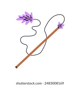 Colored feather wand, rod for kitties. Teaser stick for kittens. Cat toy to play, fun, care about pet. Accessories for active domestic animals. Flat isolated vector illustration on white background