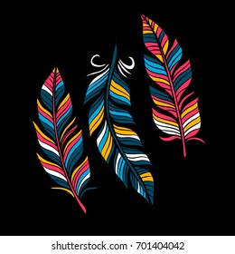 Colored Feathers in a flat style. Isolated on a black background. Vector illustration . Simple icons feathers as elements for design.
